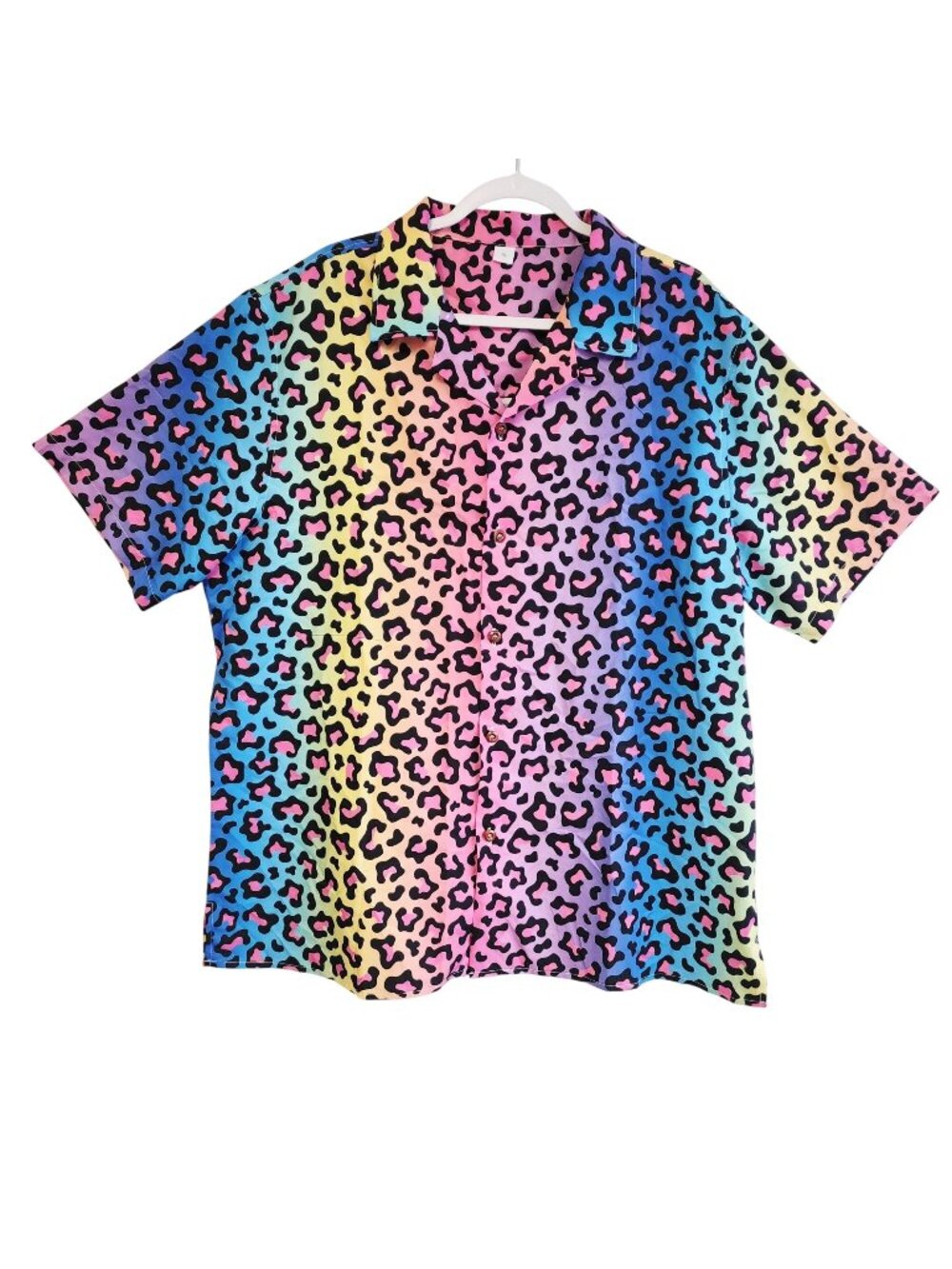 Rainbow Leopard Button-Up Men's Shirt XL Short Sleeve Unisex Retro Animal Print